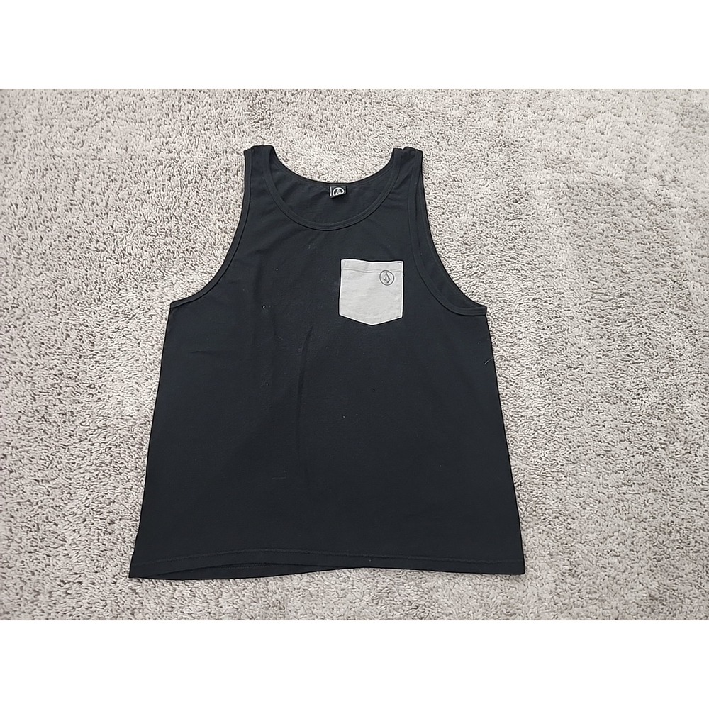 Volcom Tank Top Mens M Black Gray Chest Pocket Skater Surfer Beach Casual